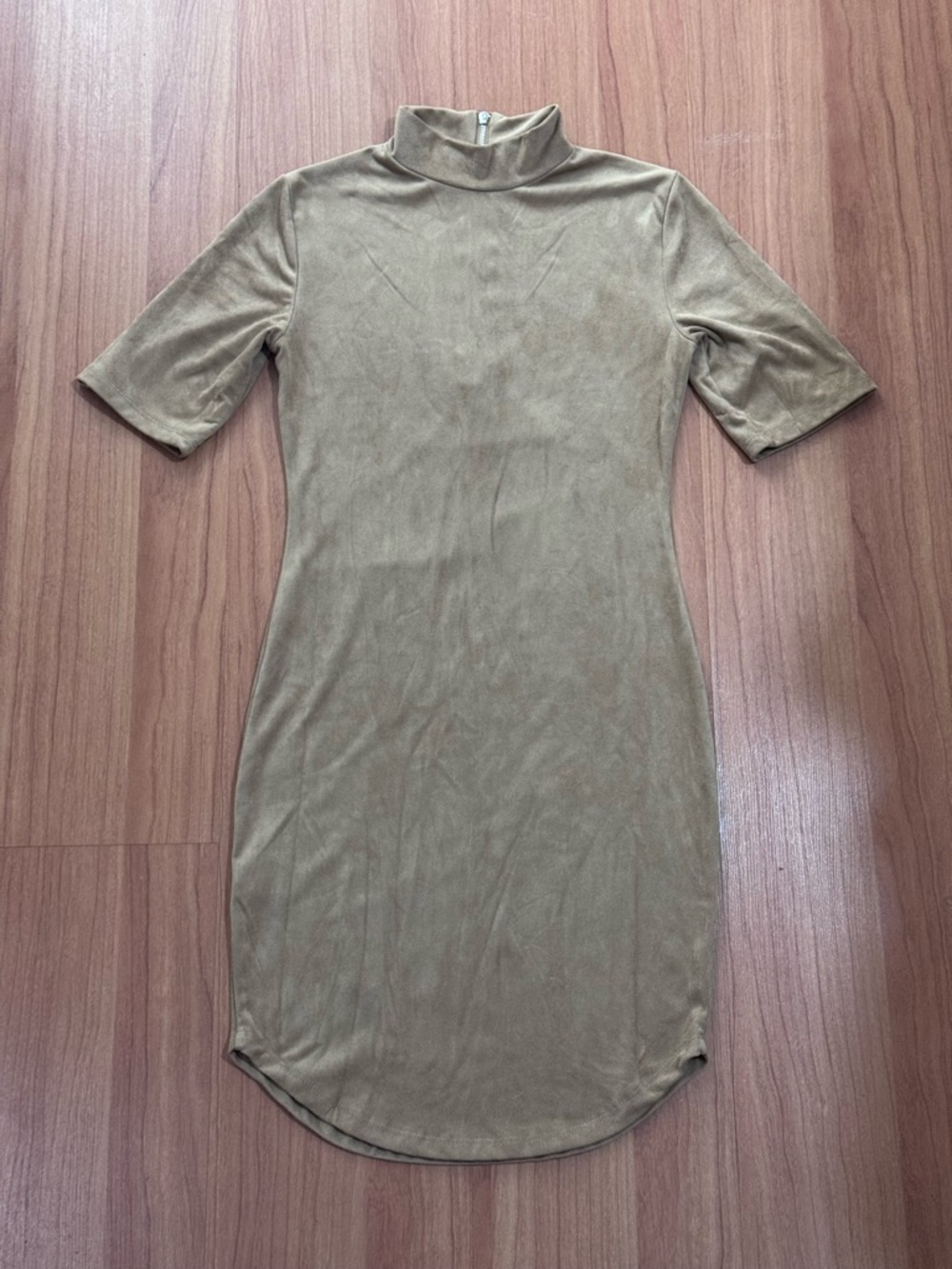 Tan Faux Suede Bodycon Midi Dress Mock Neck Small